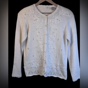 Vintage Yarnworks Ivory Embroidered Floral Knit Cardigan Pearl Beading Size Med